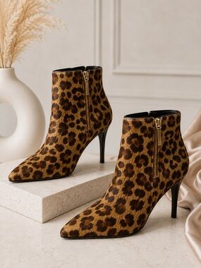 Marc Fisher LTD MLFaye Brown Calf Hair Leopard Booties Side Zipper Women 9.5M